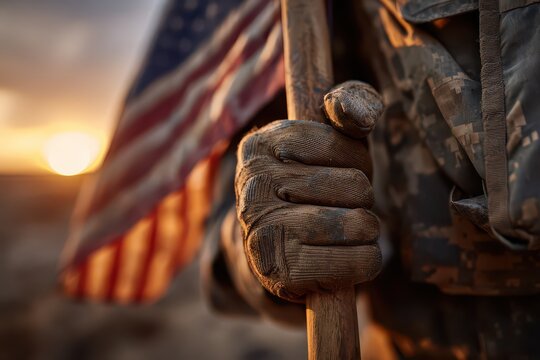 Soldier holds American flag during sunset on Independence Day while celebrating freedom and honoring the nation in patriotic spirit