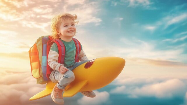A happy little boy wearing a backpack riding a yellow rocket toy high above fluffy clouds and a clear sky