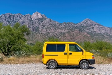 Bright Yellow Camper Van Parked on Gravel Road Against Mountainous Landscape