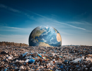 Planet Earth Surrounded by Pollution and Environmental Waste in a Landfill