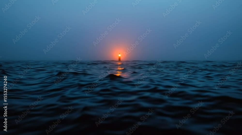 Poster A single glowing light source emerges from a vast, misty ocean at dusk or dawn, creating a mysterious and atmospheric scene.