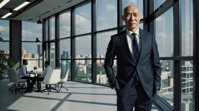 Bald in the middle head and begin no loss hair glabrous of mature Asian business smart active office man.