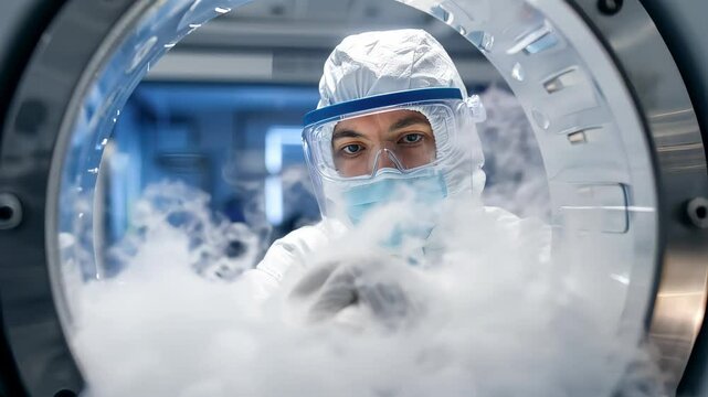 Scientist wearing protective gear performing cryogenic preservation in ultra-cold nitrogen freezer environment - Powered by Adobe