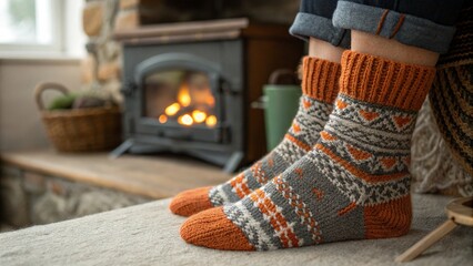 Warm woolen socks dry by the burning fireplace in a cozy winter home
