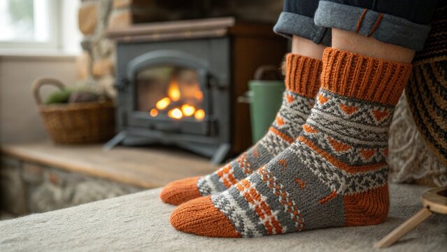 Warm woolen socks dry by the burning fireplace in a cozy winter home - Powered by Adobe