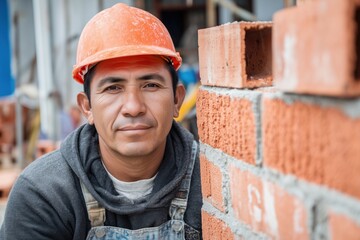 A portrait of a Hispanic construction worker wearing overalls and a hard hat, building a brick wall at a new home site