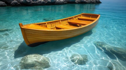 Serene wooden boat floats on crystal sea revealing seabed on a bright tranquil day reflecting sunlight