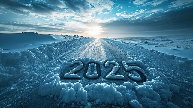 Frozen "2025" carved into icy terrain on a snowy road