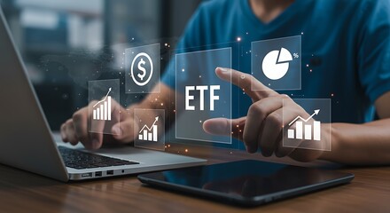 Fototapeta premium Person interacting with etf finance and investment icons using digital devices