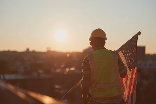Celebrating American Independence Day at sunset with a worker holding the USA flag on a rooftop overlooking the city skyline