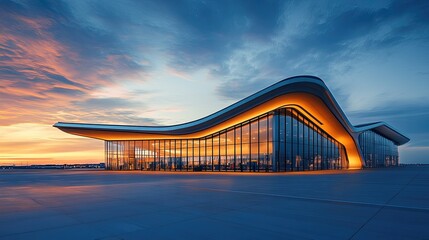 Futuristic airport at dusk, sleek architecture with warm lighting, modern terminal design.
