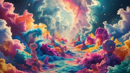 Journey through a surreal landscape showcasing vibrant clouds and colorful formations. A captivating atmosphere unfolds as the bright hues blend seamlessly into the cosmic sky