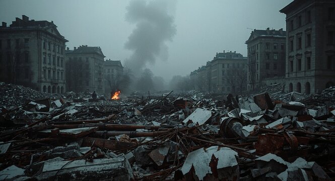 Stalingrad ruins echoing with gunshots rubble and desperate cries