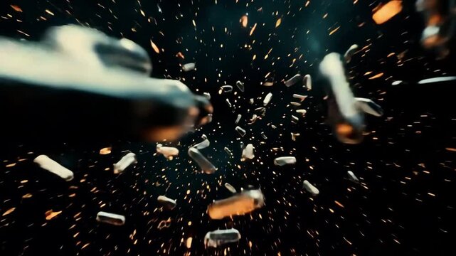 Chains break apart in a dramatic explosion, sending sparks flying against a dark background
