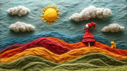 Enchanting landscape made of colorful yarn with a girl a sun and clouds handcrafted art and craft dreamy scene