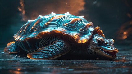 A vivid turtle emerges on a surreal planet, featuring flowing textures and glowing patterns