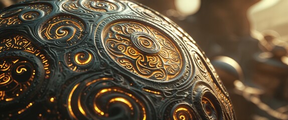 A surreal planet features a large orb adorned with intricate patterns, glowing warmly against a mystical backdrop. Soft lighting enhances the enchanting atmosphere of this unique environment