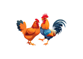 Fototapeta premium Vibrant illustration of two roosters with bright feathers in cheerful farmyard vector design
