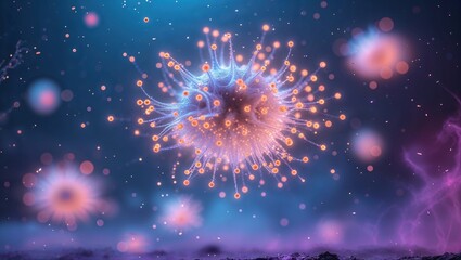 Floating in a dreamlike atmosphere, colorful and intricate alien organisms showcase vibrant patterns and dynamic forms. This surreal planet offers a captivating visual experience with deep contrasts