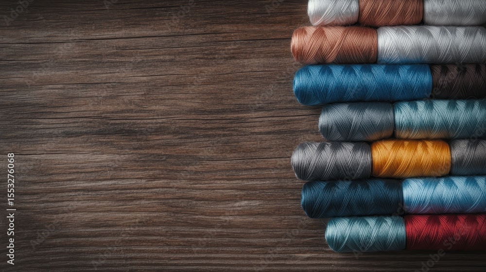Poster a collection of vibrant thread spools arranged on a rustic wooden surface, showcasing a range of col