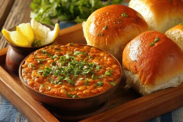 Pav Buns with Daal Pura (split spiced red lentils) and bulgur, placed on the table in a white bowl