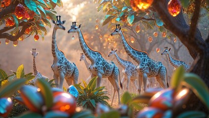 Naklejka premium Giraffes meander through a lush, enchanted forest filled with colorful foliage and luminous ornaments hanging from trees during a mystical twilight setting