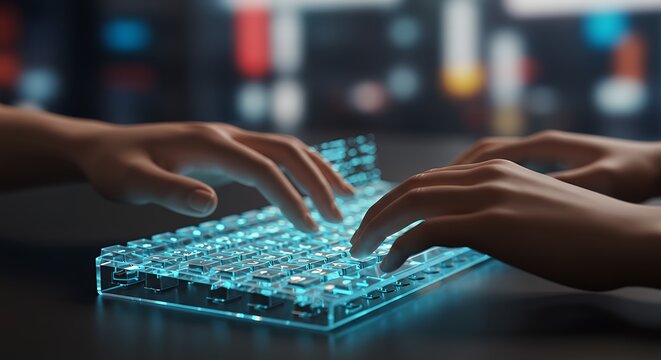 Hands Typing on Futuristic Holographic Keyboard Close-up