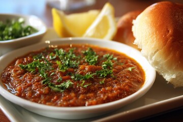 Pav Buns with Daal Pura (split spiced red lentils) and bulgur, placed on the table in a white bowl