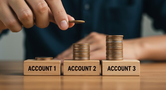 Person depositing coin onto multiple account blocks representing financial growth and saving.
