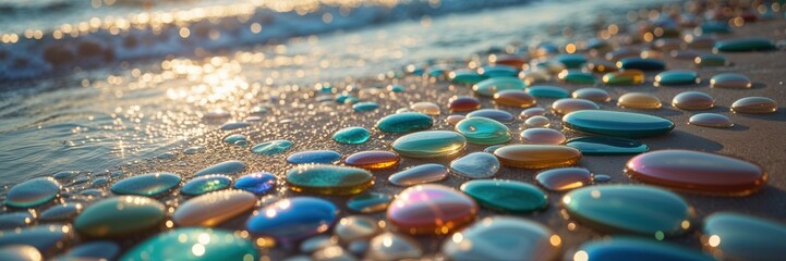 Colorful pebbles scatter across the sandy beach, shimmering in shades of blue, green, and amber as gentle waves lap at their edges during a serene sunset, creating a breathtaking view