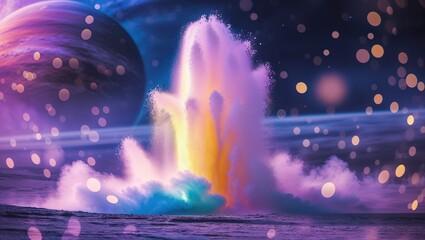 A dynamic water fountain erupts with colorful sprays against a backdrop of a surreal planet and twinkling celestial spheres, creating a dreamlike atmosphere