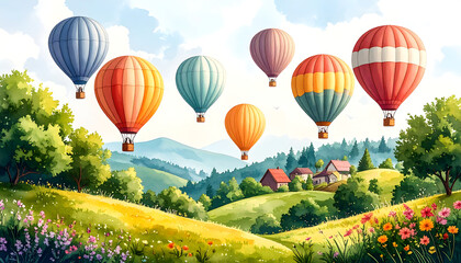 Obraz premium Colorful hot air balloons float above serene landscape, showcasing vibrant hues against backdrop of rolling hills and blooming flowers