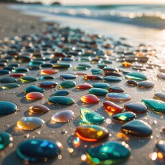 Obraz premium Colorful glass pebbles lie scattered on a surreal beach, glimmering in the warm light of sunset. The peaceful shoreline enhances the vibrant reflections, creating an enchanting atmosphere