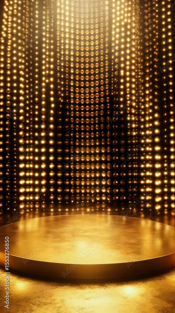 Poster a golden circular stage lighting setup with spotlights illuminating the center, creating a dramatic 