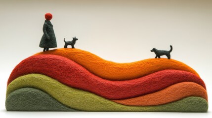 Artistic Still Life of Felted Wool Landscape Featuring a Person and Dogs Miniature Sculpture