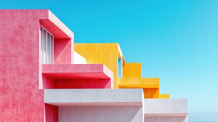 Abstract facade with striking geometrical shapes and saturated colors in a minimal style vivid structure
