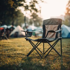 Comfortable folding camp chair on grassy field amidst scattered tents during scenic golden hour sunlight