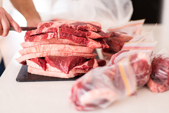preparing a bulk order of rump steak for the freezer