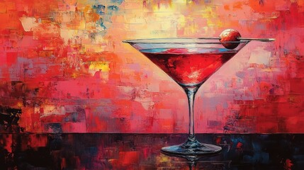 Exquisite cocktail painting capturing a martini glass drink with cherry on black table with vibrant artistic background
