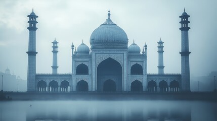 Majestic Taj Mahal Bathed in Mystical Haze Reflecting Tranquility in Blue Serenity Monumental Architecture
