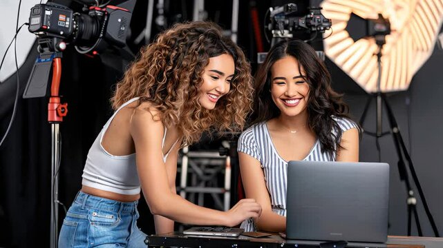 Photographer and client editing portrait photos together in a professional studio setting with equipment