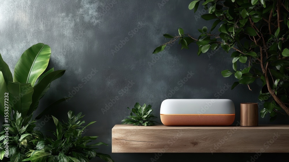 Poster a modern decor scene featuring stylish plants and a sleek design element, creating a serene atmosphe