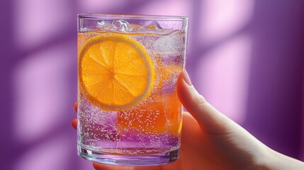 Refreshing citrus spritzer a captivating shot of a bubbly drink with a vivid orange slice held delicately against a purple scene
