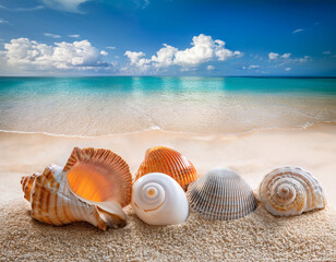 composition with beach water, sand, starfish and seashells. Summer vacations concept.