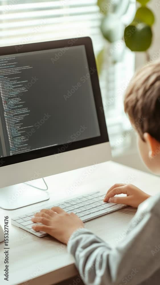 Aufkleber Elementary school student is sitting at desk, typing on keyboard and looking at computer monitor displaying lines of code, learning programming at home