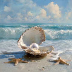 Iridescent pearl nestled in an oyster shell on a sandy beach under a sky of soft clouds meeting ocean waves