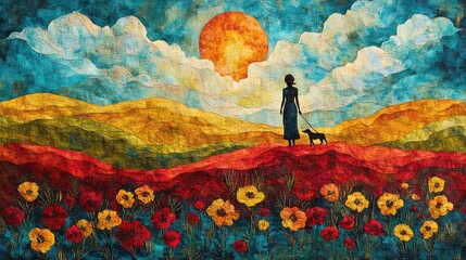 Serene nature escape with woman walking dog in abstract landscape with sun flowers and colorful hills