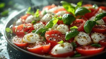 Classic Caprese Salad Capturing Fresh Ingredients with Vibrant Tomato Cheese and Basil Aromas from Above