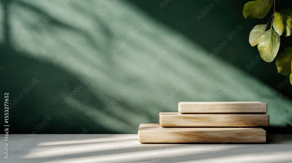 Poster a minimalist arrangement of wooden blocks stacked against a rich green backdrop, creating an elegant