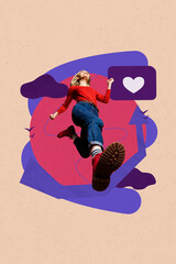 Creative graphics collage of person run fast flying with arrows up like on pastel background